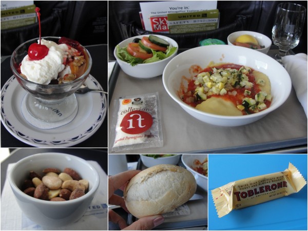 collage of food from first class meal on flight, including ravioli, salad, smoked salmon, assorted nuts, bread, ice cream sundae, and toblerone
